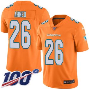 High quality Dolphins #26 Salvon Ahmed Orange Youth Stitched NFL Limited Rush 100th Season Jersey
