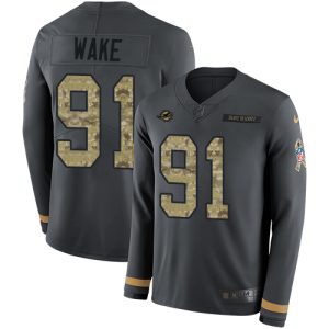 Outstanding Dolphins #91 Cameron Wake Anthracite Salute to Service Youth Stitched NFL Limited Therma Long Sleeve Jersey