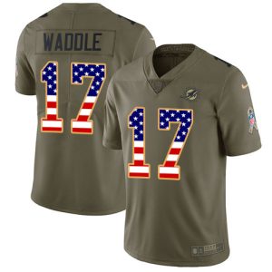 Premium Dolphins #17 Jaylen Waddle Olive/USA Flag Youth Stitched NFL Limited 2017 Salute To Service Jersey