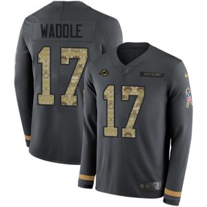 Gorgeous Dolphins #17 Jaylen Waddle Anthracite Salute to Service Youth Stitched NFL Limited Therma Long Sleeve Jersey