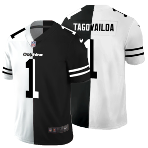Gorgeous Miami Dolphins #1 Tua Tagovailoa Men's Black V White Peace Split Vapor Untouchable Limited NFL Jersey