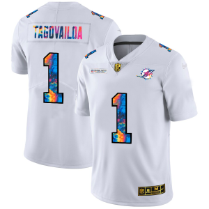 Premium Miami Dolphins #1 Tua Tagovailoa Men's White Multi-Color 2020 NFL Crucial Catch Limited NFL Jersey