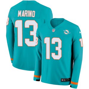 Outstanding Dolphins #13 Dan Marino Aqua Green Team Color Men's Stitched NFL Limited Therma Long Sleeve Jersey