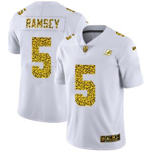 Finest Miami Dolphins #5 Jalen Ramsey Men's Flocked Leopard Print Vapor Limited NFL Jersey White
