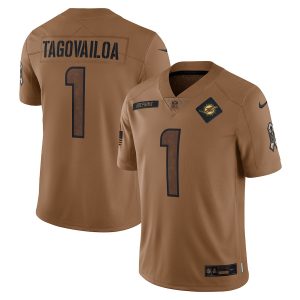 Marvelous Miami Dolphins #1 Tua Tagovailoa Men's 2023 Salute To Service Limited Jersey - Brown